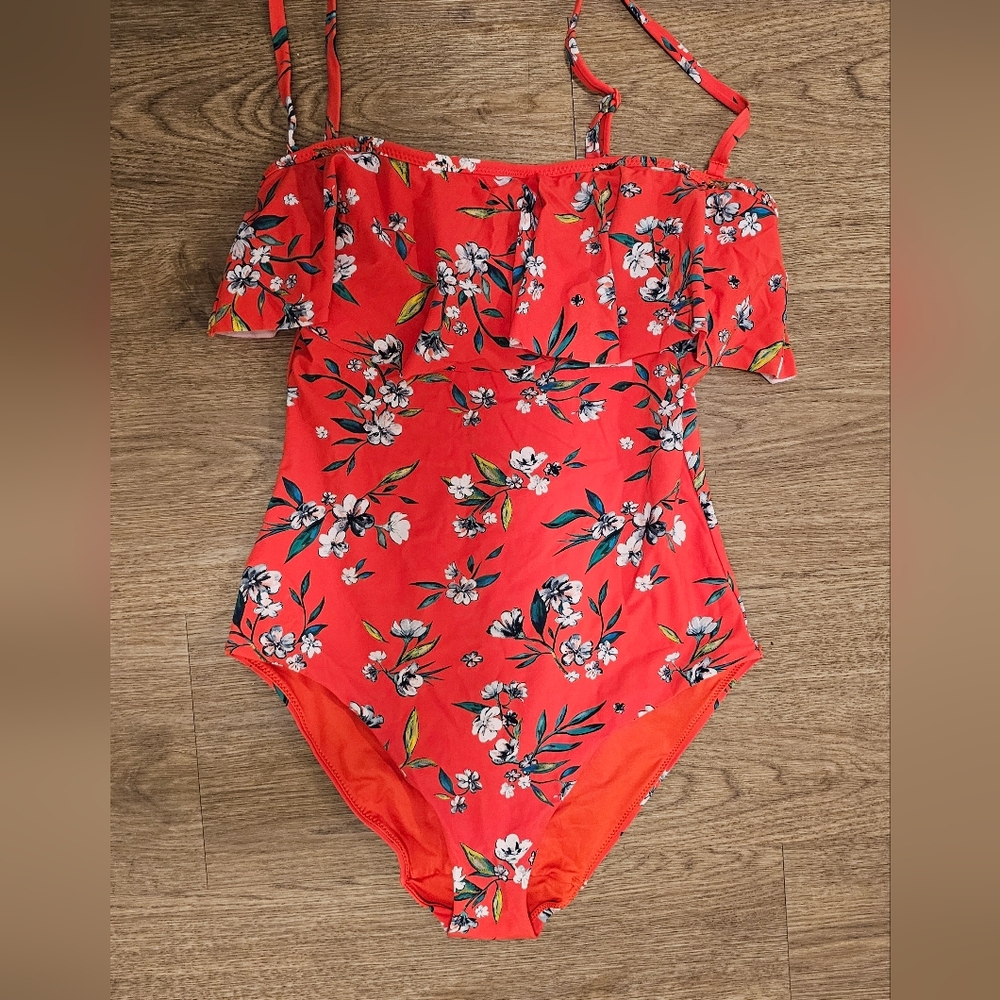 Bright Red Floral One-Piece Swimsuit, Tummy Control, Size US 4